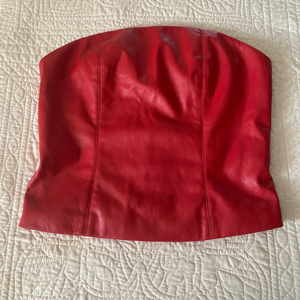 Red Strapless Faux Leather Bustier Top Sz L